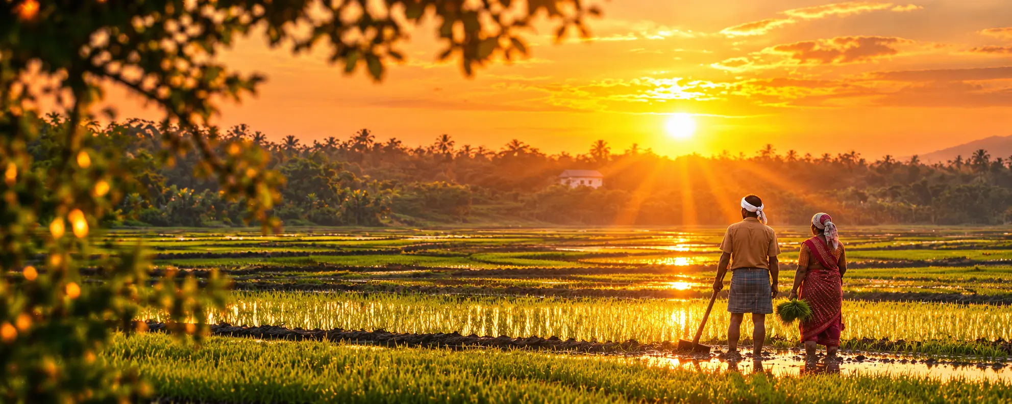 Two farmers in a flooded paddy at sunset, one carrying a bundle of rice seedlings